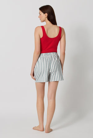 A lady wearing Peppermint Stripe Woven Portuguese Flannel Boxer Short back view