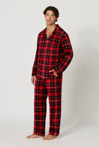 A Man wearing Fireside Plaid Men's Long Sleeve Classic Woven Portuguese Flannel Pj Set