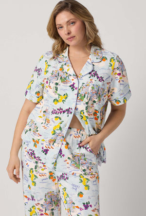 A lady wearing plus size Blue Short Sleeve Classic Stretch Jersey Cropped Pj Set front view