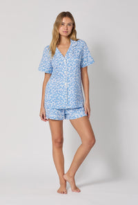 A lady wearing Something Blue Short Sleeve Classic Shorty Stretch Jersey Pj Set