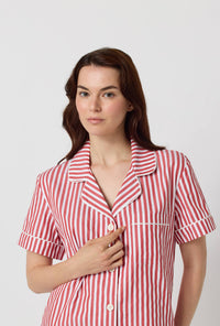 A lady wearing Red Signature Stripe Short Sleeve Classic Woven Cotton Sateen Shorty Pj Set closer look