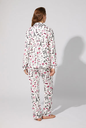 A lady wearing Bonjour Paris Long Sleeve Classic Stretch Jersey PJ Set
