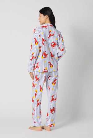 A lady wearing Coastal Feast Long Sleeve Classic Stretch Jersey Pj Set back view