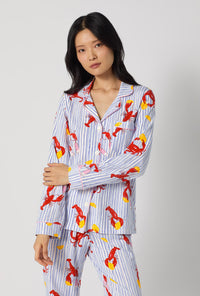 A lady wearing Coastal Feast Long Sleeve Classic Stretch Jersey Pj Set closer look