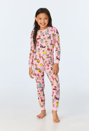 A girl wearing Newport Chic Boxers Long Sleeve Stretch Jersey Kids PJ Set