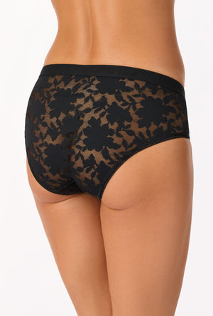 A lady wearing Black Stretch Lace Hipster Underwear