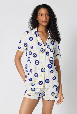 A Lady Wearing Eyeconic Short Sleeve Classic Shorty Stretch Jersey Pj Set in a close up view pose