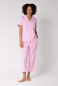 A Lady Wearing Pink Signature Stripe Short Sleeve Classic Woven Cotton Sateen Cropped Pj Set