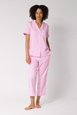 A Lady Wearing Pink Signature Stripe Short Sleeve Classic Woven Cotton Sateen Cropped Pj Set
