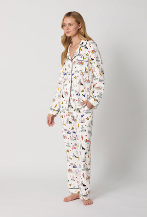 A lady wearing White Long Sleeve Classic Stretch Jersey Pj Set side view