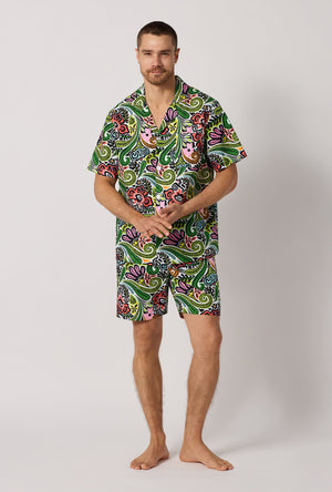 A man wearing Multi-Color Men's Short Sleeve Woven Cotton Poplin Short Pj Pant front view