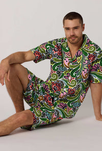 A closeup of A man wearing Multi-Color Men's Short Sleeve Woven Cotton Poplin Short Pj Pant
