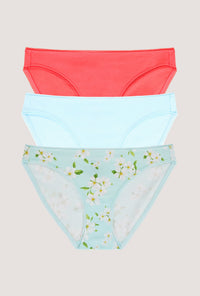 A Stretch Jersey Bikini Underwear 3 Pack in Sweet Coral, Bedhead Blue, Magnolia Blossom