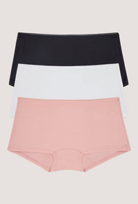 A Stretch Jersey Boyshort Underwear 3 Pack in Black, White, First Blush