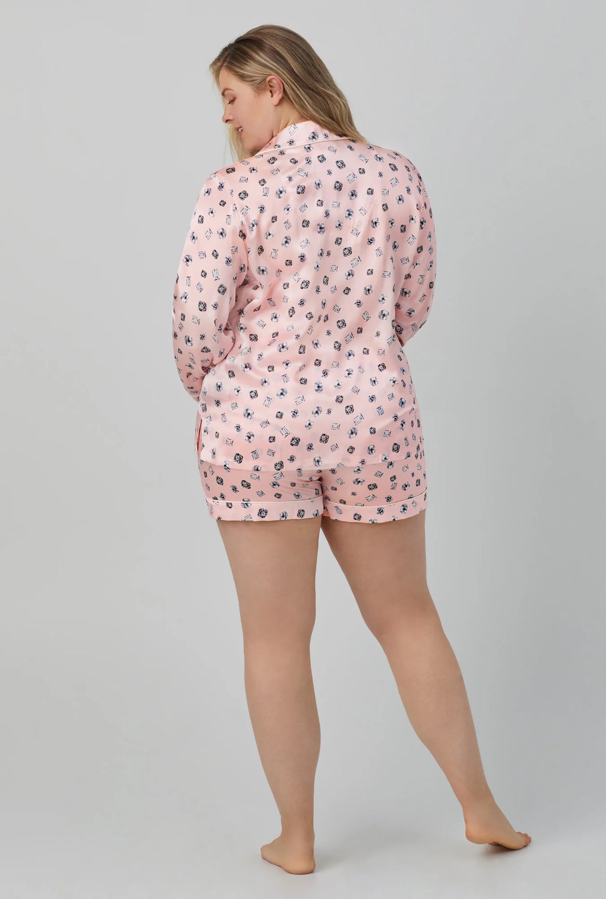 A lady wearing pink Long Sleeve Classic Washable Silk Satin Short PJ Set with Shine Bright print