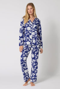 A Lady Wearing Dynasty Blue Long Sleeve Classic Stretch Jersey Pj Set