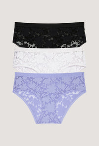 A Stretch Lace Hipster Underwear 3 Pack-Black, White, Blue Skies