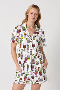 A closeup of A lady wearing White Short Sleeve Classic Shorty Stretch Jersey Pj Set