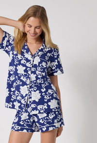 A Lady Wearing Dynasty Blue Short Sleeve Classic Shorty Stretch Jersey Pj Set in a front close up shot