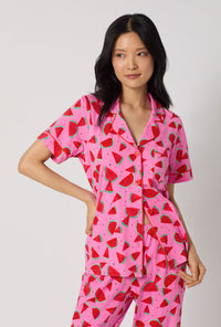 A lady wearing Watermelon Crush Short Sleeve Classic Stretch Jersey Cropped Pj Set closer look