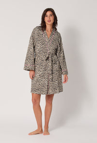 A lady wearing Wild Thing Banded Collar Stretch Jersey Robe