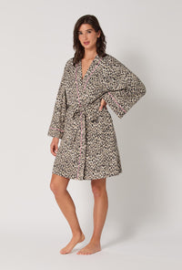 A lady wearing Wild Thing Banded Collar Stretch Jersey Robe