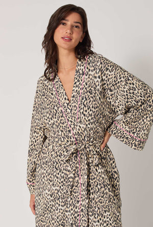 A lady wearing Wild Thing Banded Collar Stretch Jersey Robe