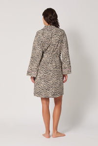 A lady wearing Wild Thing Banded Collar Stretch Jersey Robe
