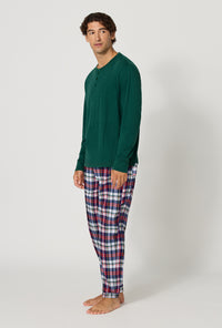 A Man wearing Heritage Plaid Men's Long Sleeve Henley And Jogger Woven Portuguese Flannel Pj Set