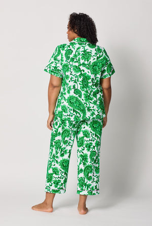 A lady wearing plus size Green and White Short Sleeve Classic Stretch Jersey Cropped Pj Set back view