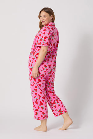 A lady wearing plus size Watermelon Crush Short Sleeve Classic Stretch Jersey Cropped Pj Set back view