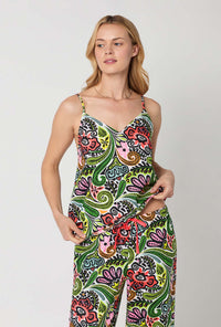 A closeup of A lady wearing Multi-Color Cami Woven Cotton Poplin Cropped Pj Set