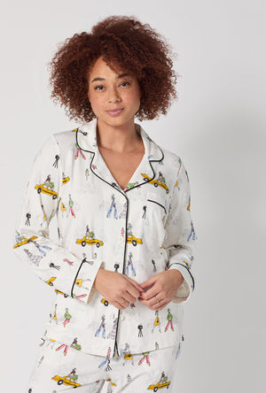 A lady wearing Fashion Week Long Sleeve Classic Stretch Jersey Pj Set