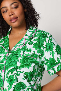 A closeup of A lady wearing plus size Green and White Short Sleeve Classic Shorty Stretch Jersey Pj Set