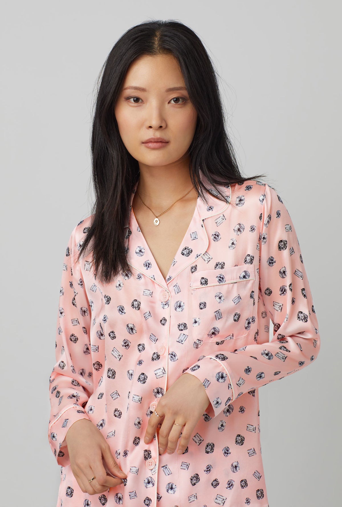 A lady wearing pink Long Sleeve Classic Washable Silk Satin Short PJ Set with Shine Bright  print