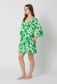 A lady wearing Green and White Stretch Jersey Sleep Dress side view