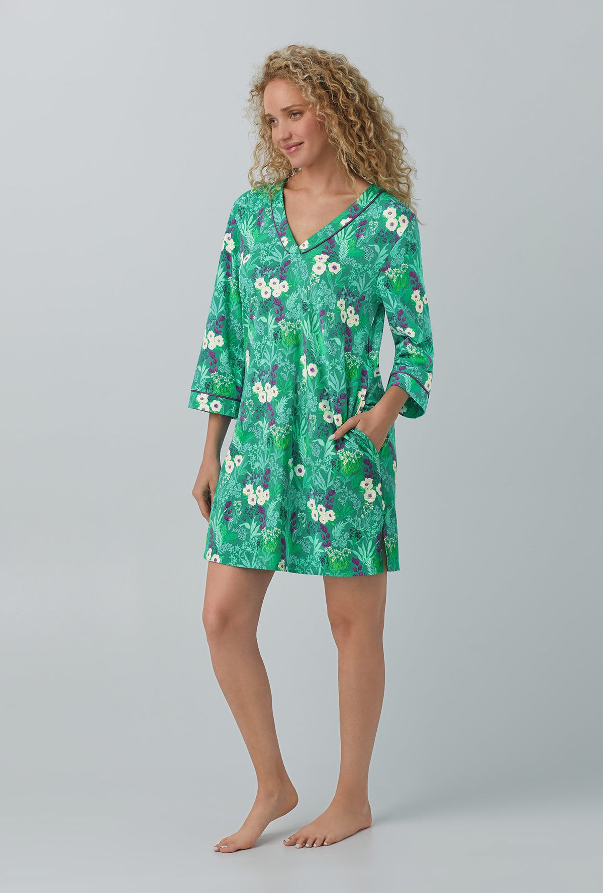 A lady wearing green  3/4 Sleeve Stretch Jersey Sleepshirt with Wintergreens  print