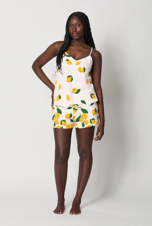 A lady wearing White Cami Shorty Stretch Jersey Pj Set front view