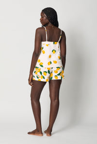 A lady wearing White Cami Shorty Stretch Jersey Pj Set back view