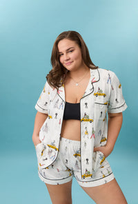 A lady wearing plus size Fashion Week Short Sleeve Classic Shorty Stretch Jersey Pj Set