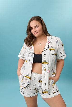 A lady wearing plus size Fashion Week Short Sleeve Classic Shorty Stretch Jersey Pj Set