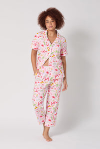 A lady wearing French Quarter Short Sleeve Classic Stretch Jersey Cropped Pj Set