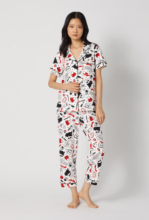 A lady wearing Devil Wears Prada Short Sleeve Classic Stretch Jersey Cropped Pj Set looking front