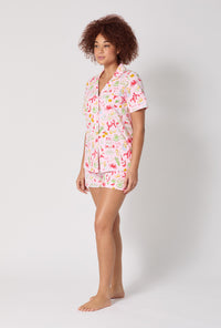 A lady wearing French Quarter Short Sleeve Classic Shorty Stretch Jersey Pj Set