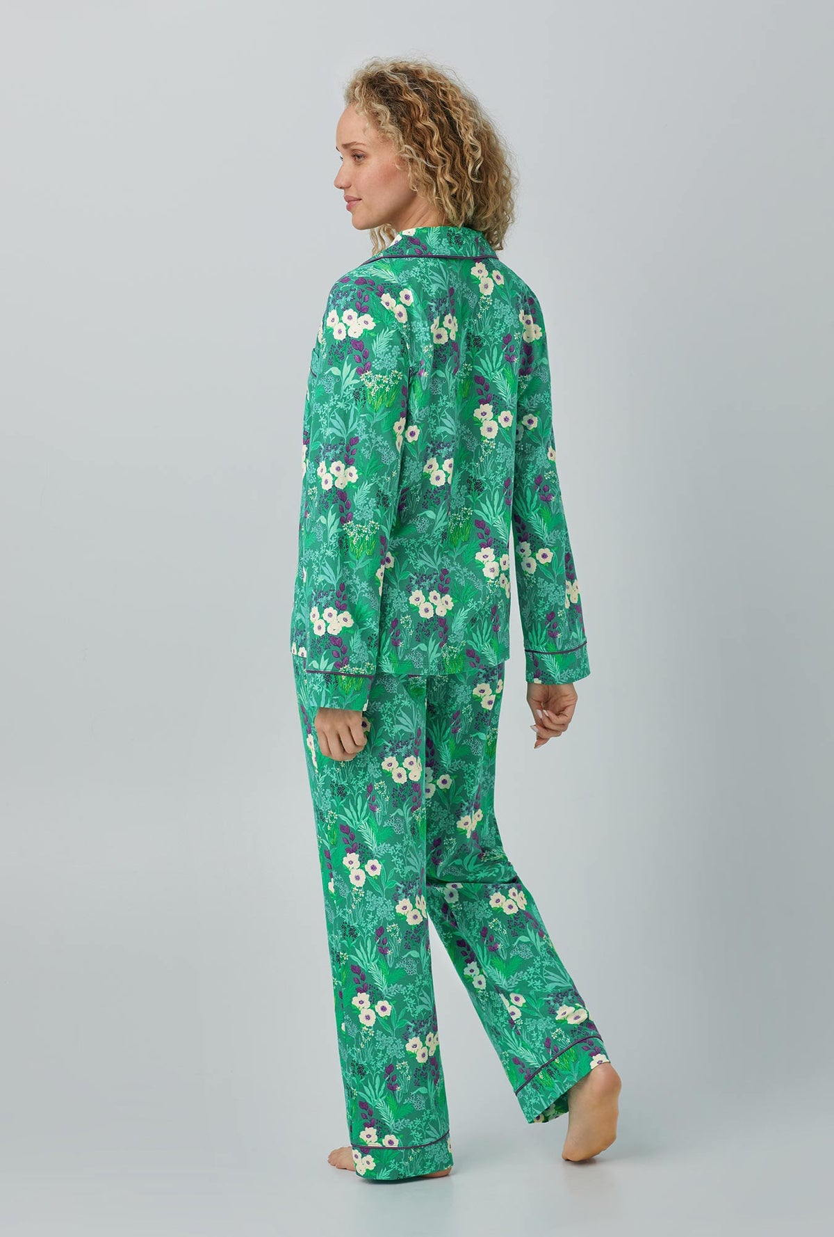 A lady wearing green  Long Sleeve Classic Stretch Jersey PJ Set with Wintergreens  print
