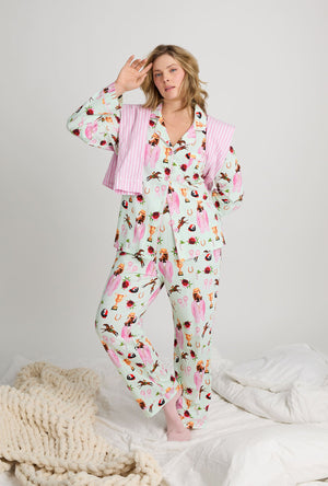 A lady one hand in back wearing Green Long Sleeve Classic Stretch Jersey plus size Pj Set front view