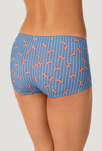 A lady wearing Game On Bue Stretch Jersey Boyshort Underwear back view