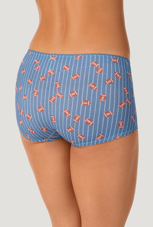 A lady wearing Game On Bue Stretch Jersey Boyshort Underwear back view
