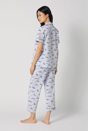 A lady wearing Catch A Wave Snoopy Short Sleeve Classic Woven Cotton Poplin Cropped Pj Set back view