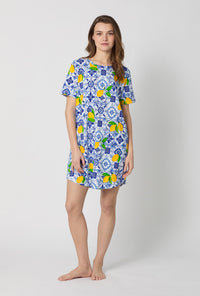A closeup of A lady wearing Blue and White Stretch Jersey T-Shirt Sleep Dress
